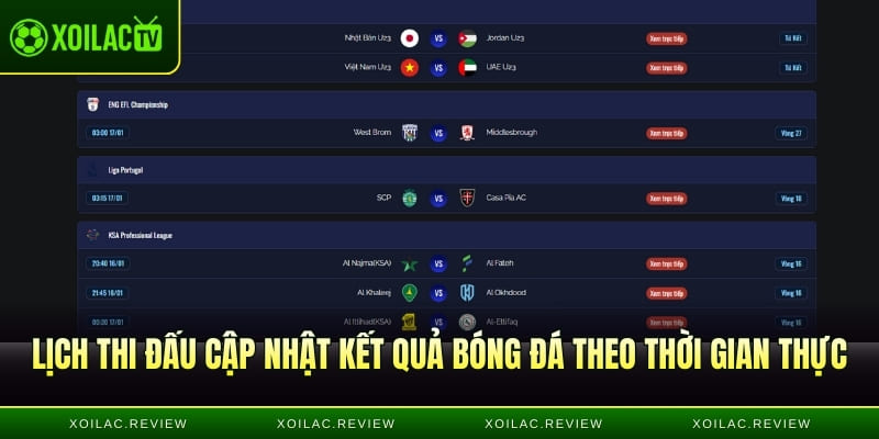 Lịch thi đấu cập nhật kết quả bóng đá theo thời gian thực